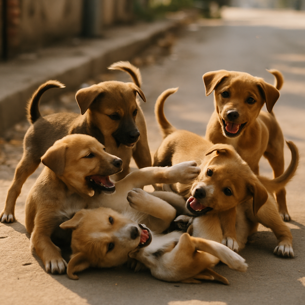 Group of playful Indian street puppies tumbling together on a sunlit sidewalk, tails wagging, full of energy and joy.