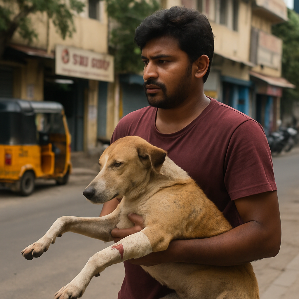 Ravi transporting an injured dog to Chennai clinic