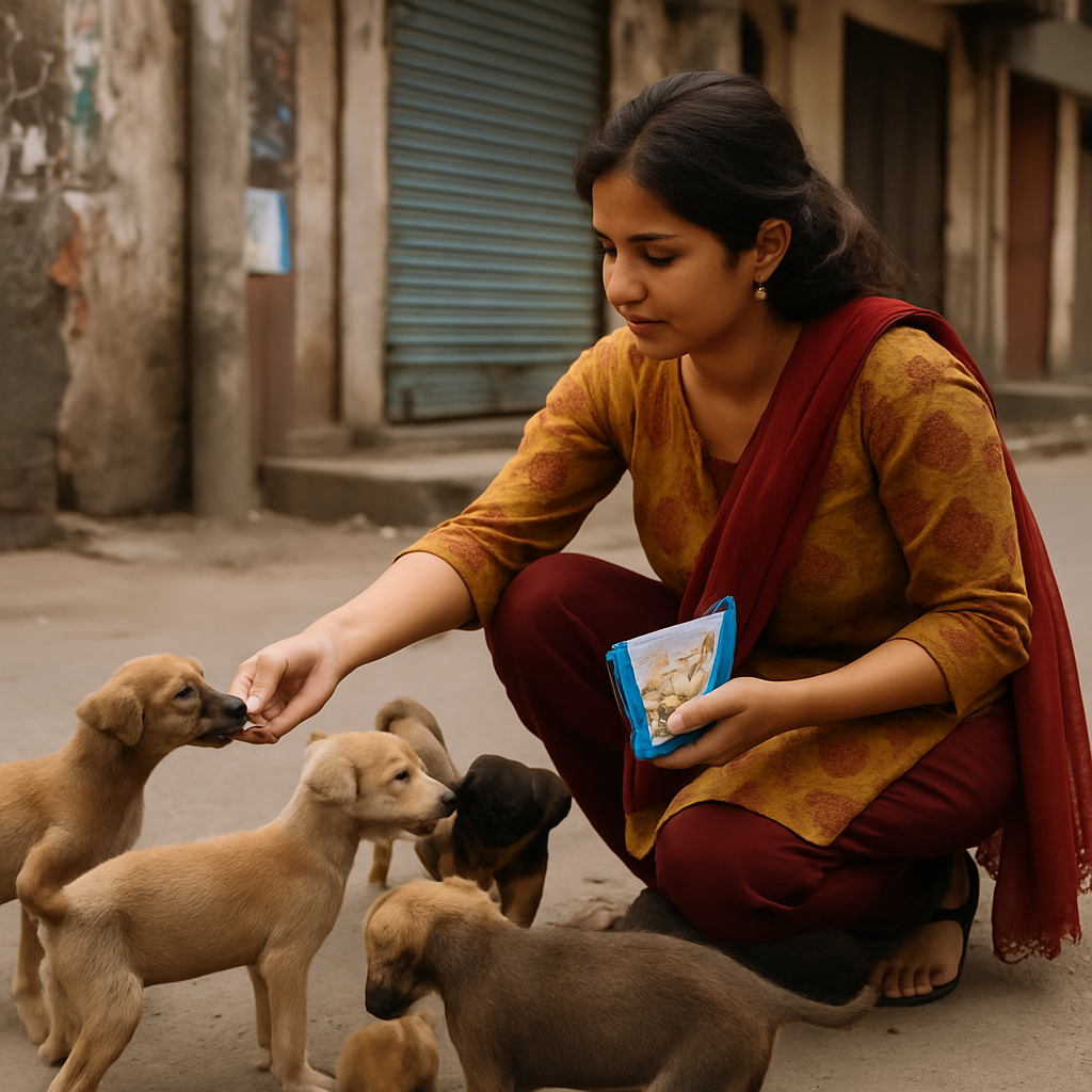 Indian woman feeding street puppies during a rescue drive