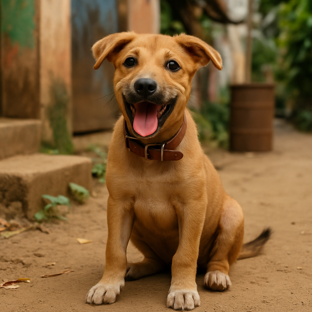 Playful rescued Indian puppy with a collar, looking joyful