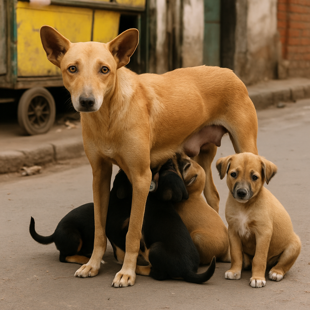 Mother Indian stray dog with her healthy puppies, post-rescue