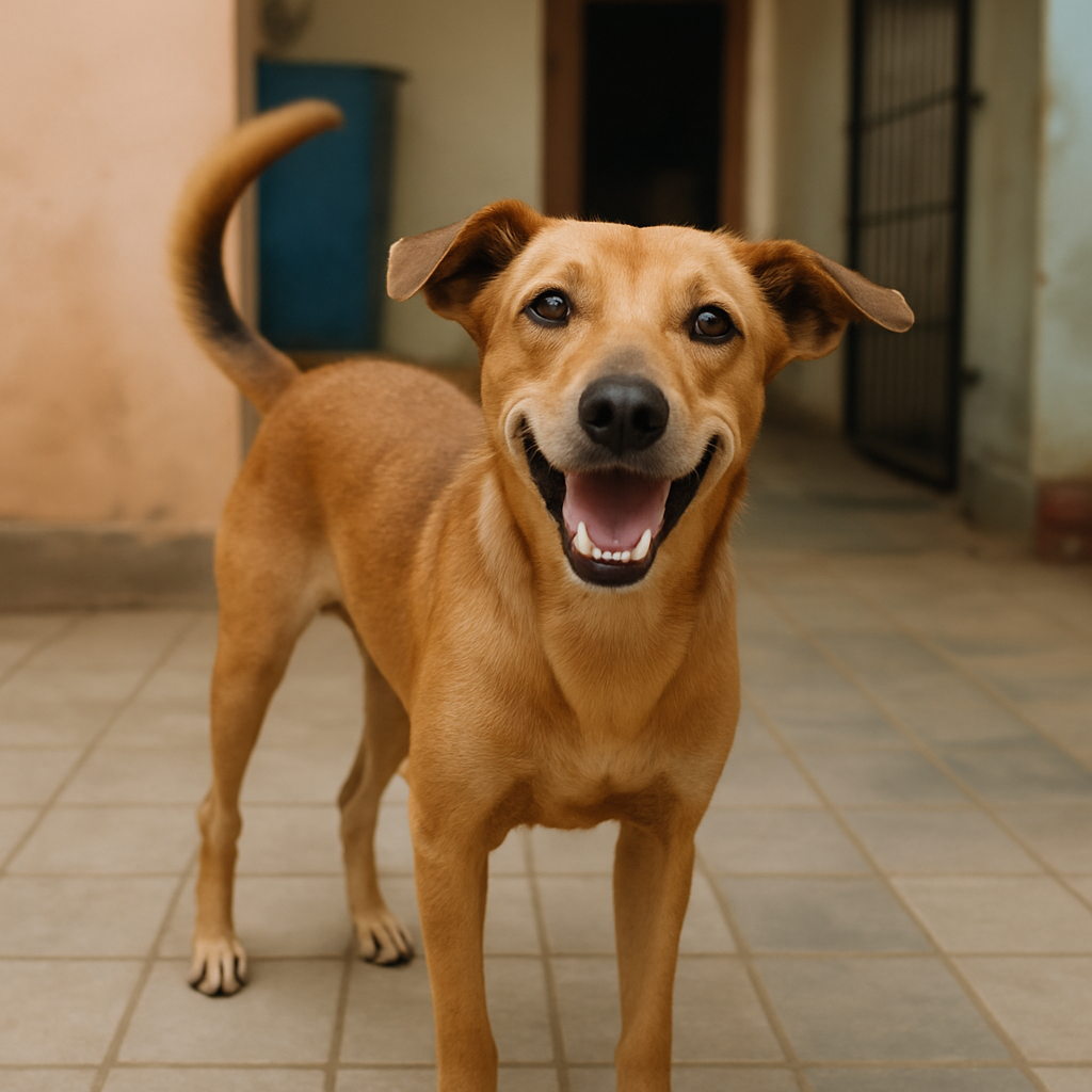 Friendly Indian stray dog wagging tail, newly adopted