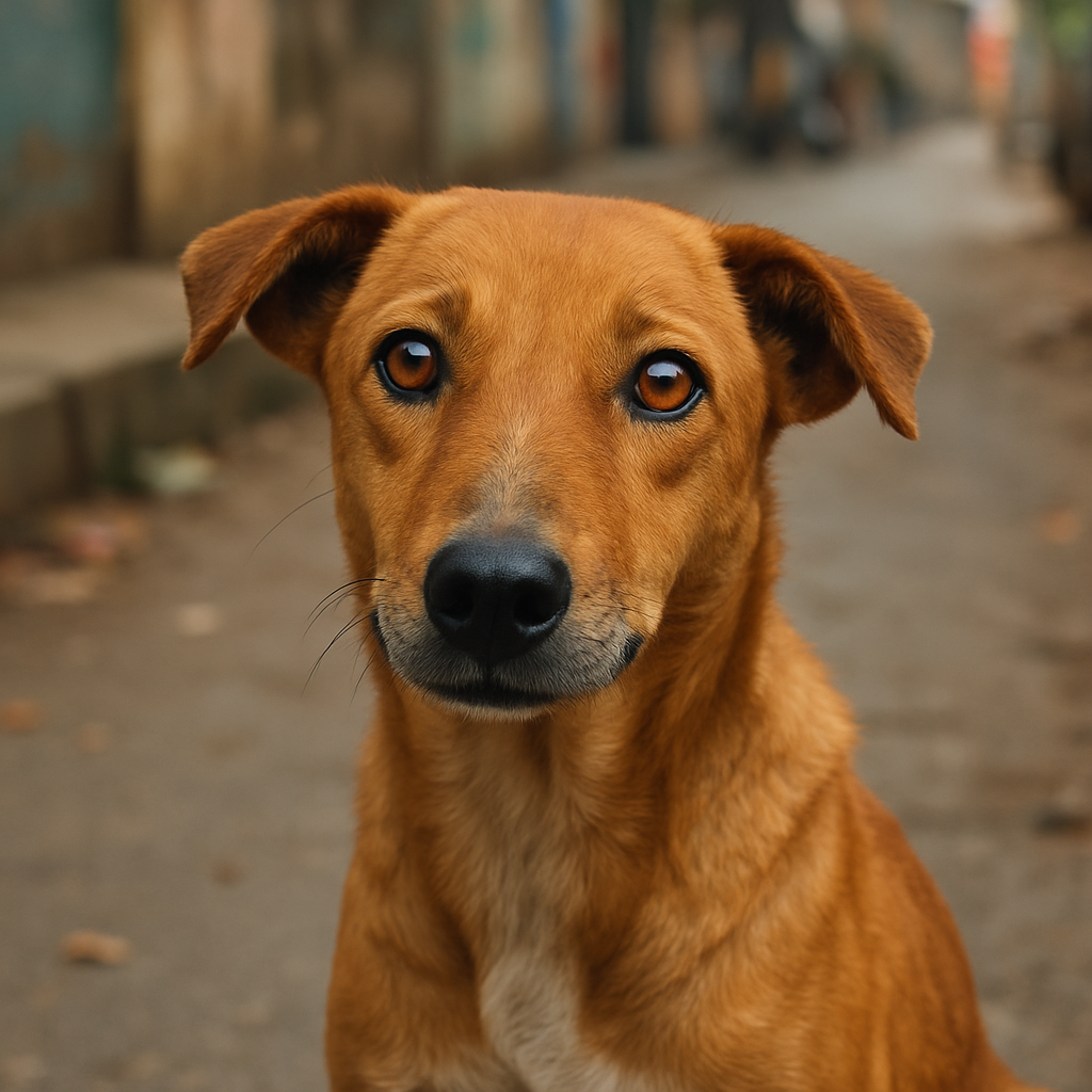 Real Indian stray dog with bright eyes, looking hopeful