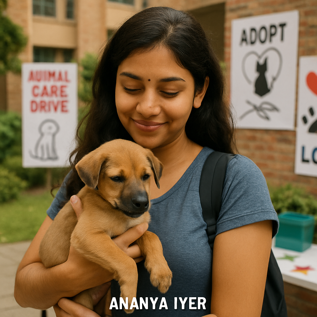 Ananya, young college student, holding a rescued Indian puppy at campus animal care drive