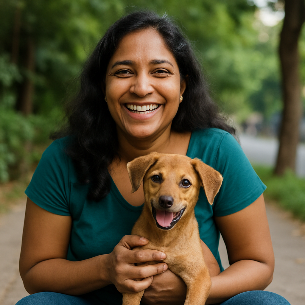 Asha, Indian woman, grinning and sitting with a rescued brown Indian puppy outdoors