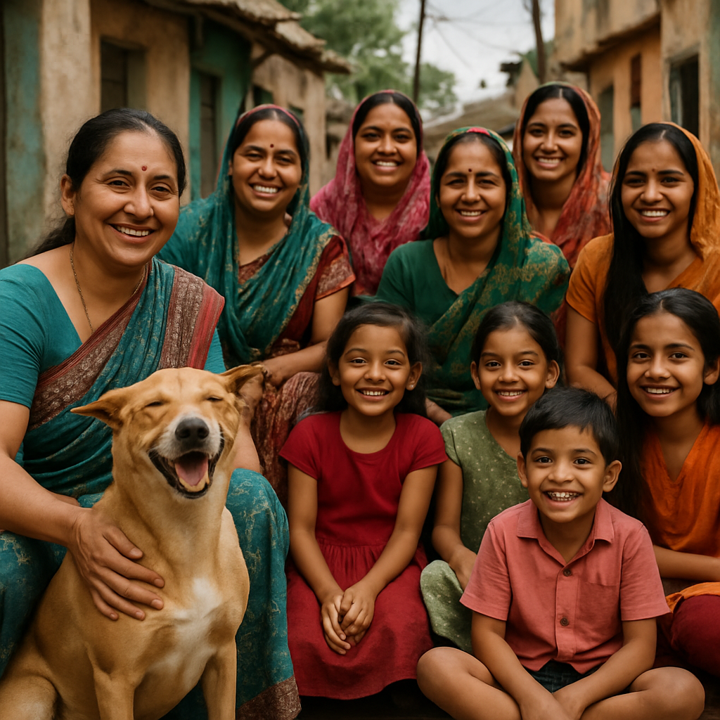 Group of Indian women and children with joyful Indian pariah dog, outdoors in a local community setting