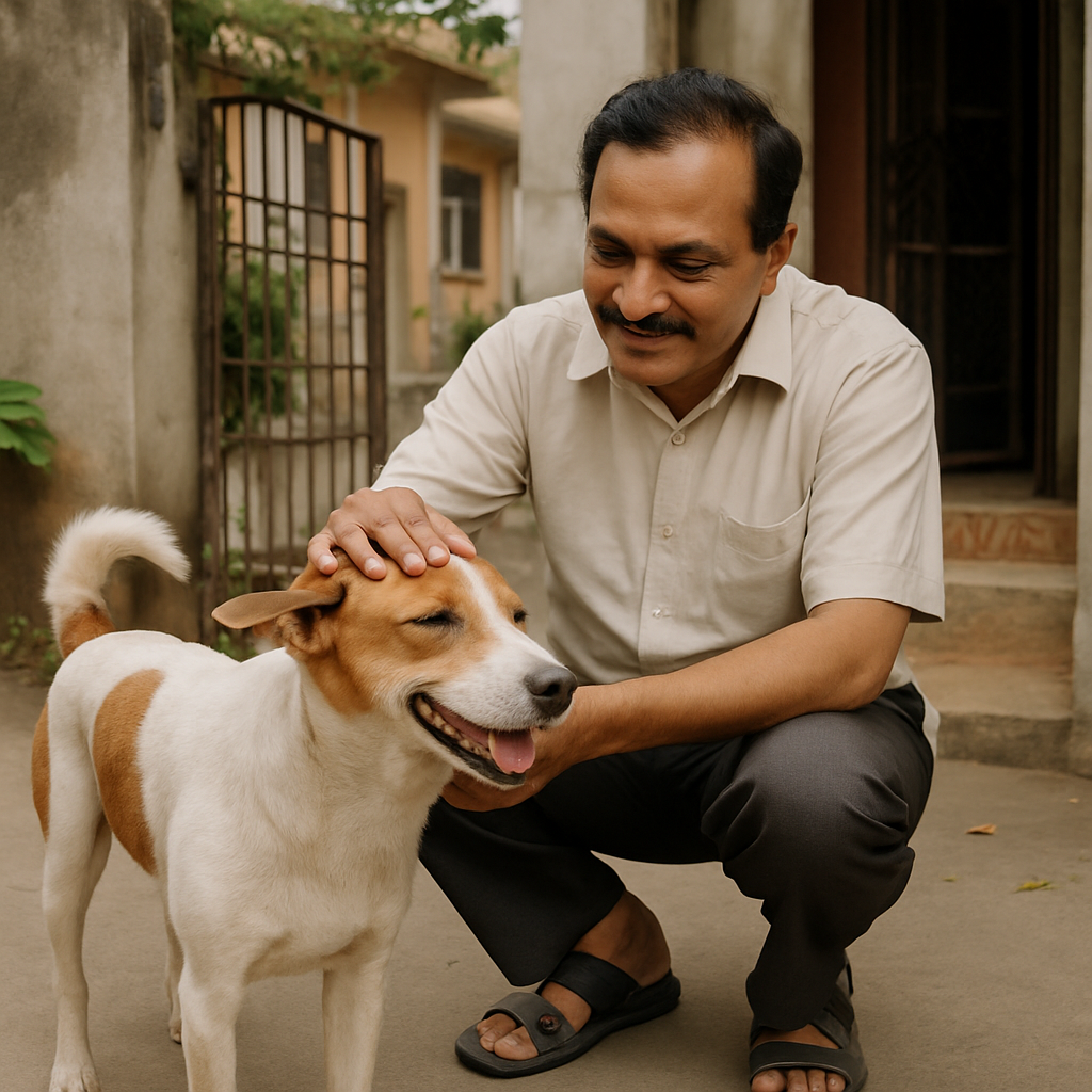 Prakash, Indian man, gently petting a white and brown stray dog outside his Pune home