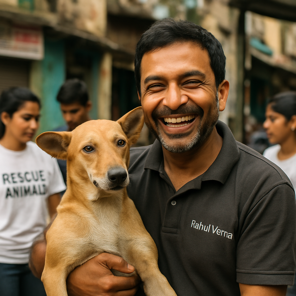 Rahul, Indian volunteer, grinning with an Indian pariah dog at a rescue event