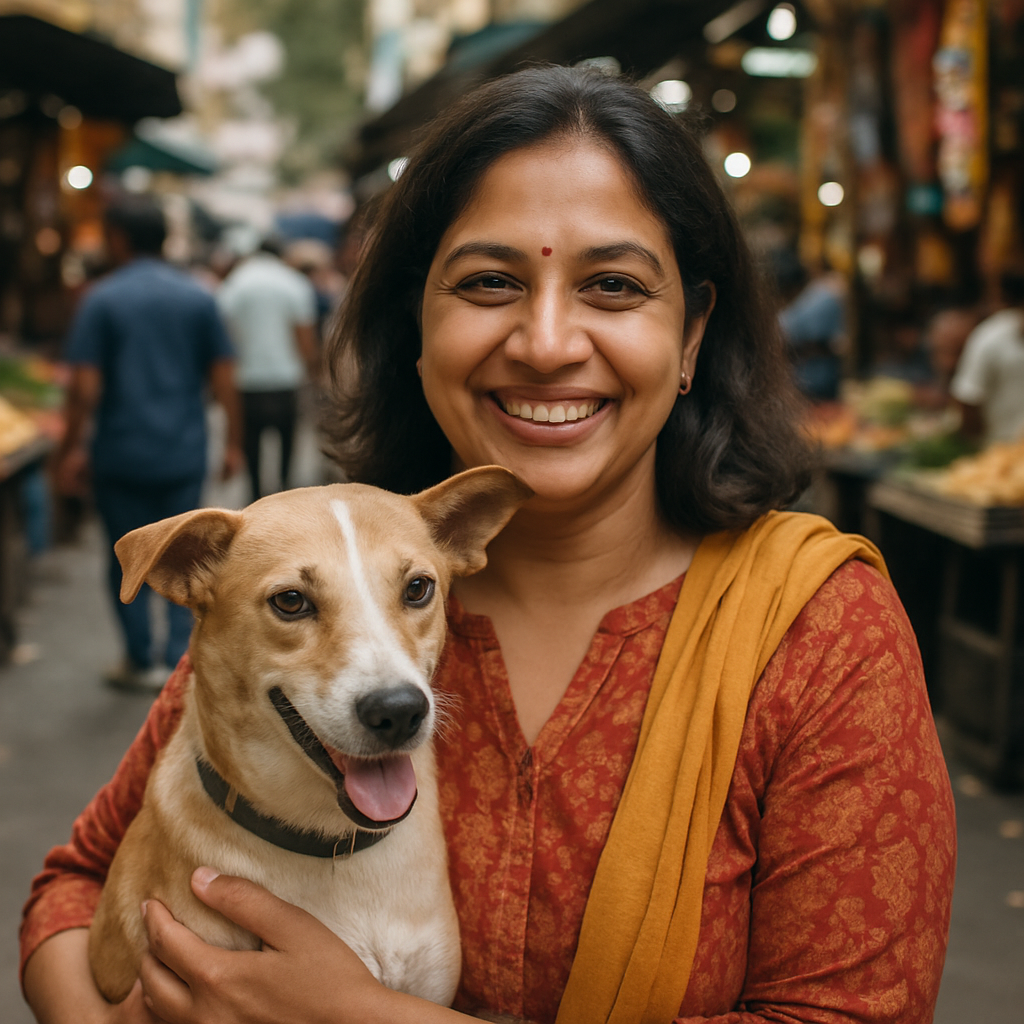 Seema smiling with Chintu, her rescued Indian street dog, in Mumbai market area