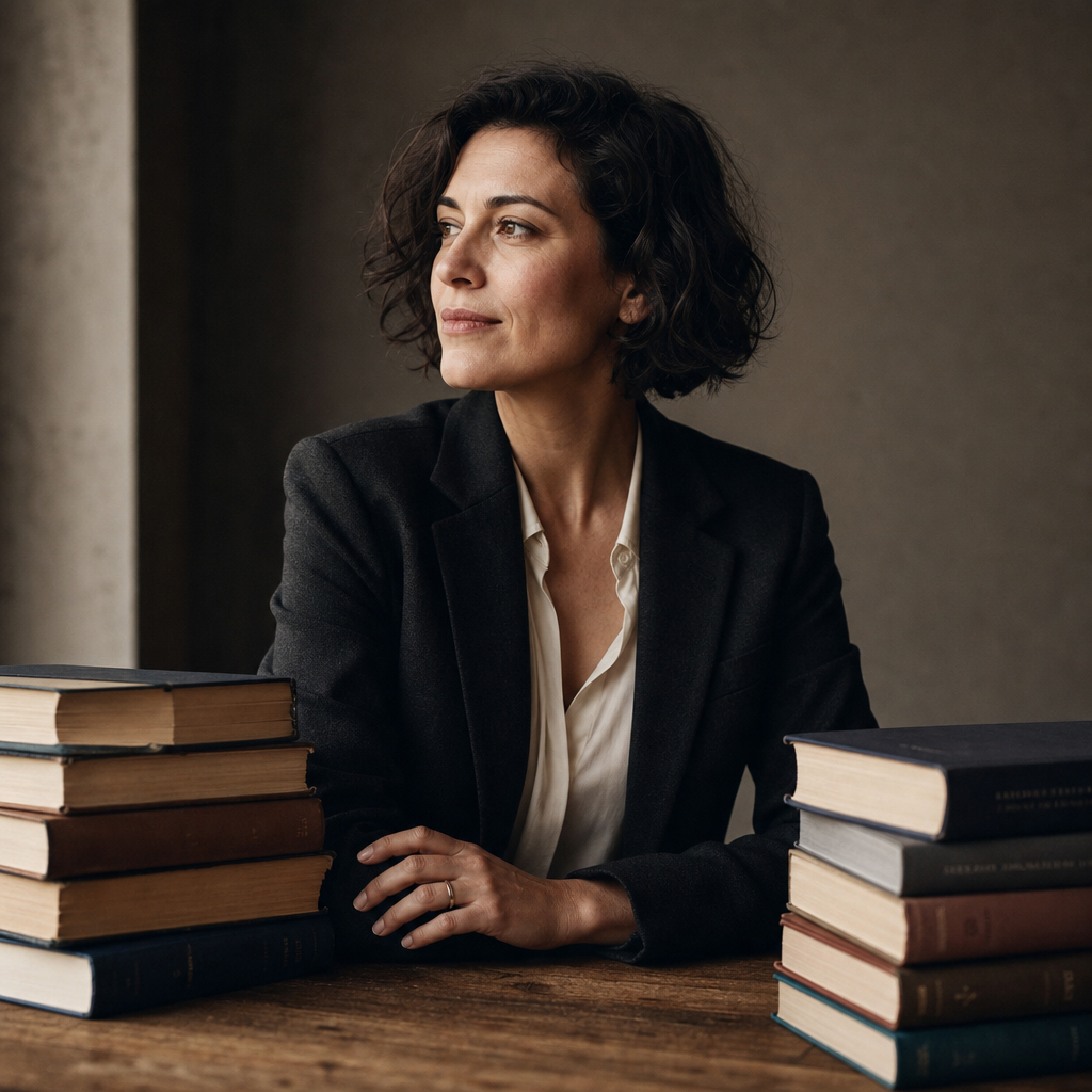 Literary novelist in a charcoal blazer seated beside stacked books in a studio portrait