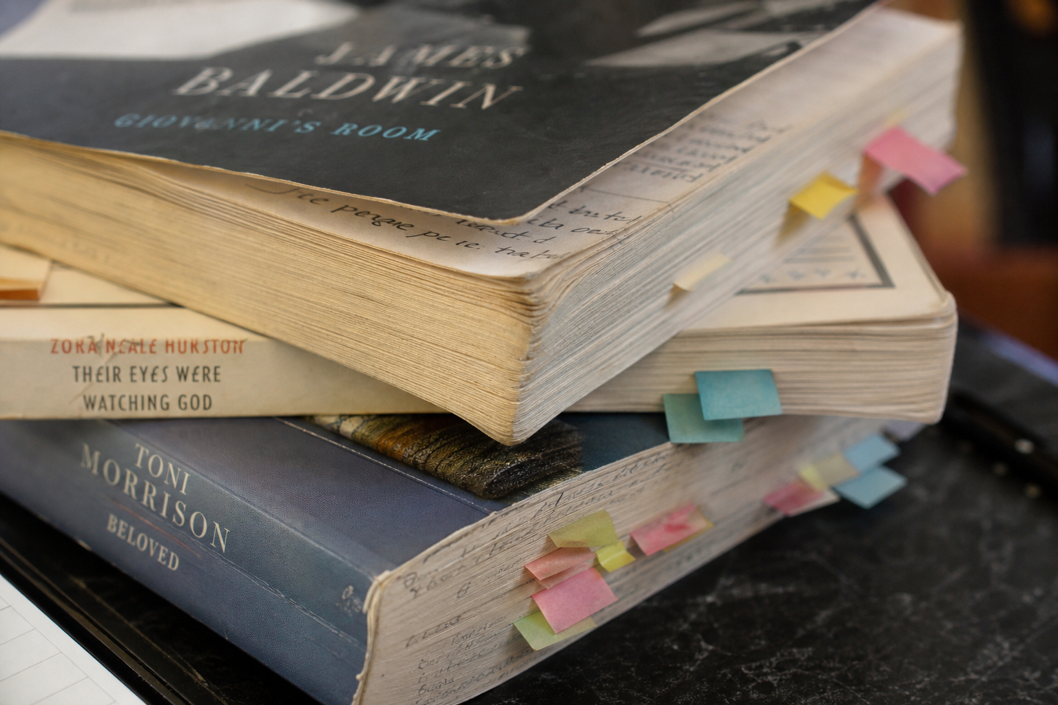 Stack of three literary paperbacks with margin notes and sticky flags, tightly cropped to emphasize worn page edges and active reading