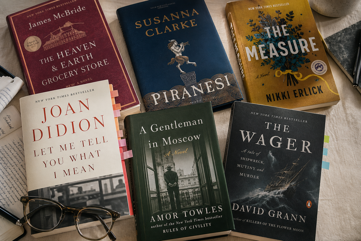 Editorial tabletop arrangement of six authentic contemporary book covers with varied color palettes, partially overlapped with reading glasses and annotation tabs