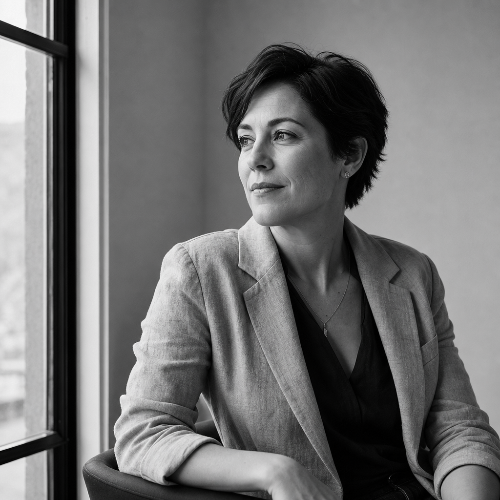 Monochrome portrait of a thoughtful contemporary novelist seated near a window