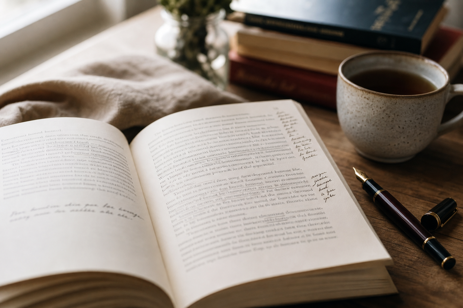 Close crop of a reader's annotated novel with handwritten notes beside a cup of tea