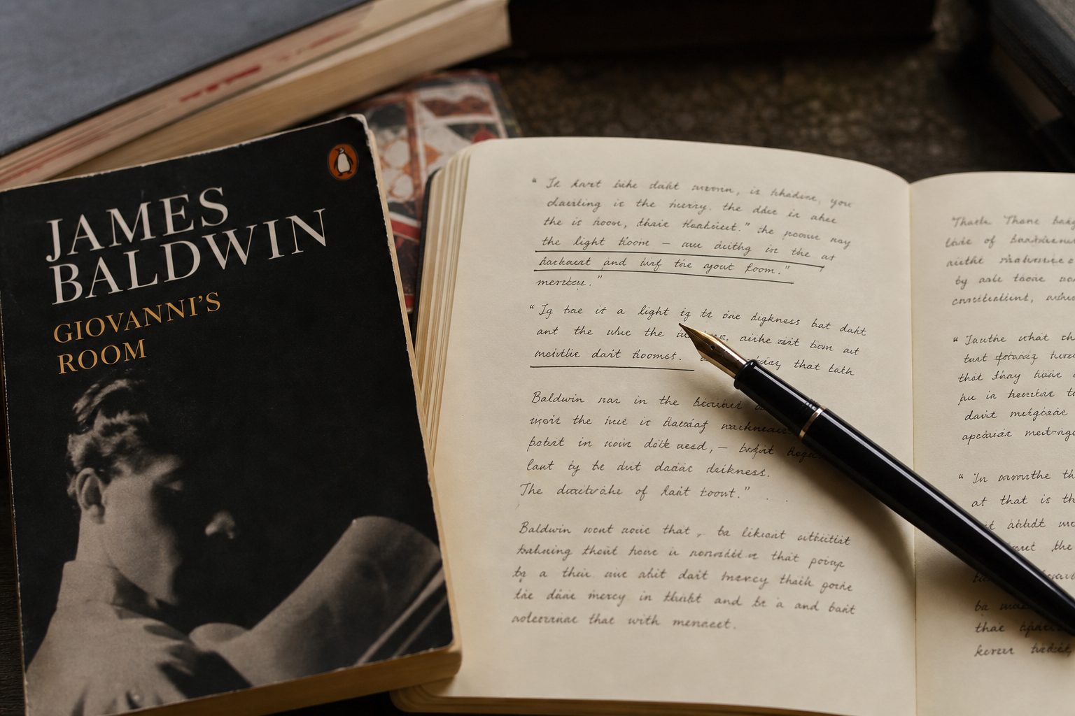 Close crop of an open literary journal beside a paperback, with underlined passages and a fountain pen on textured paper