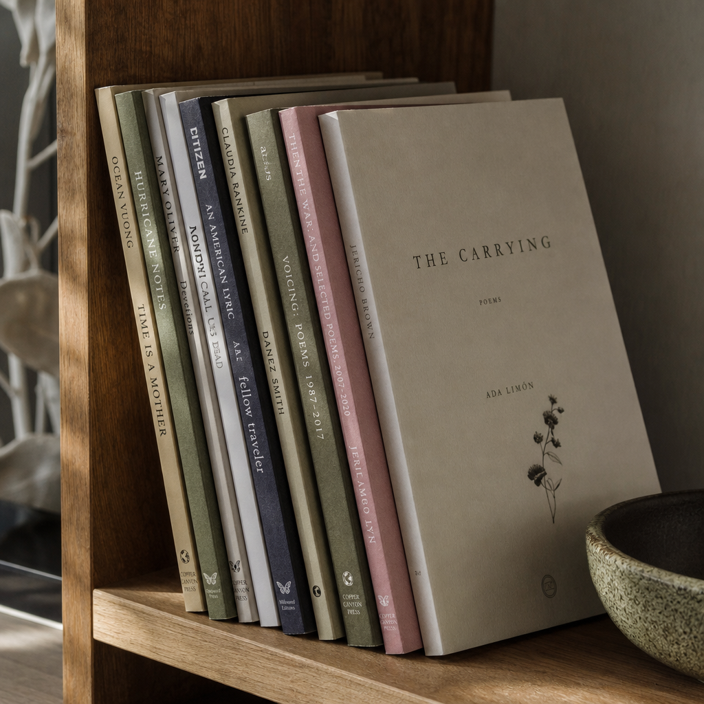 Editorial close-up of slim poetry books stacked on a wooden shelf with soft side light