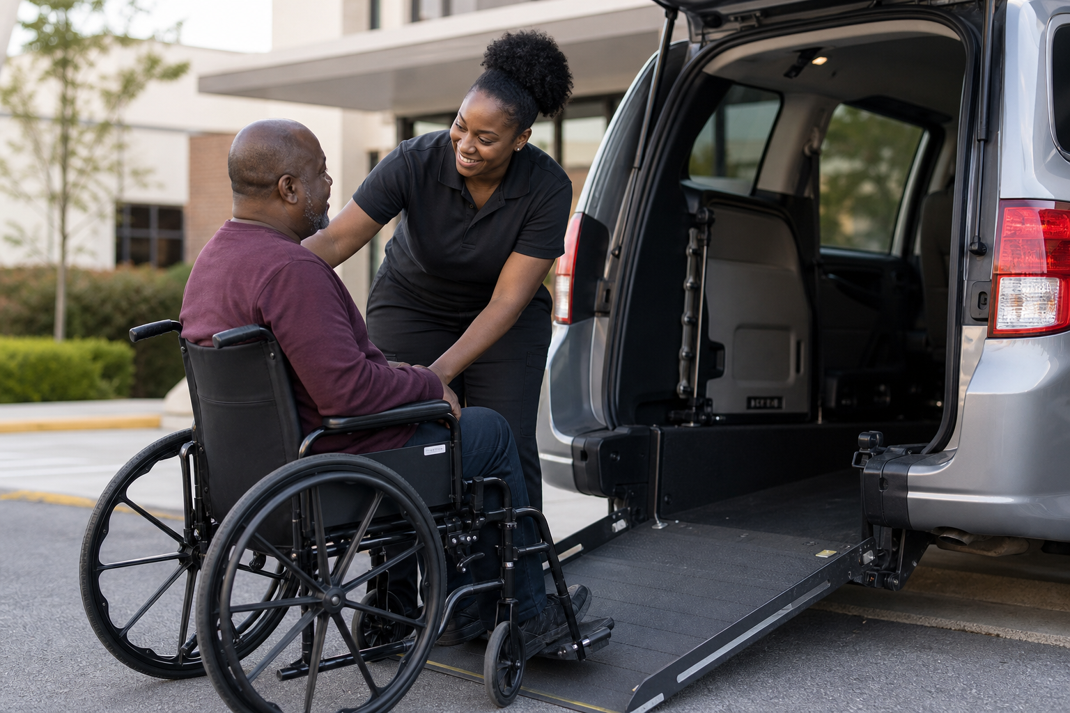 A professional Black woman helping a Black man in a wheelchair into a wheelchair-accessible van outside a medical facility