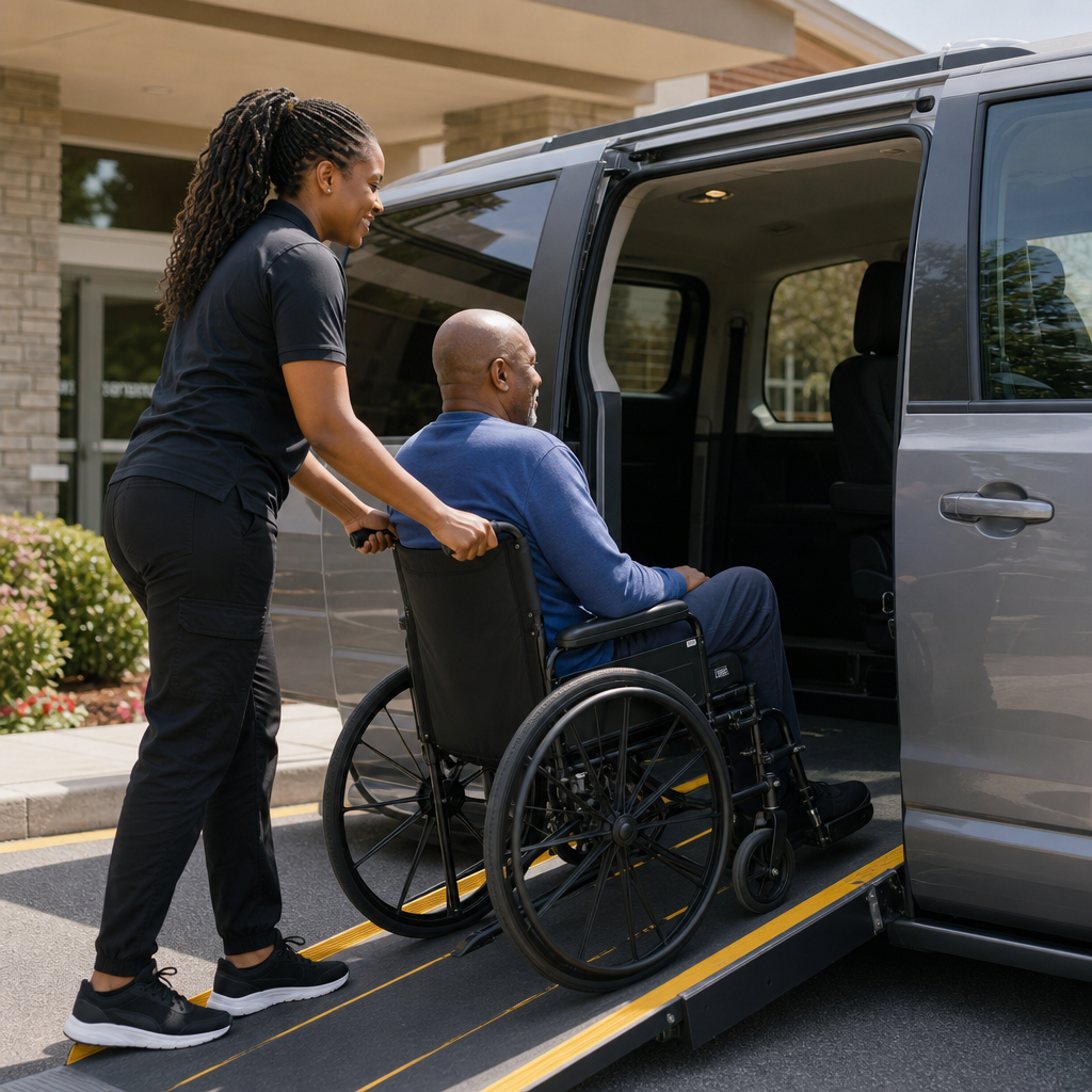 Black woman helping a Black man in a wheelchair into a wheelchair-capable van outside a medical facility