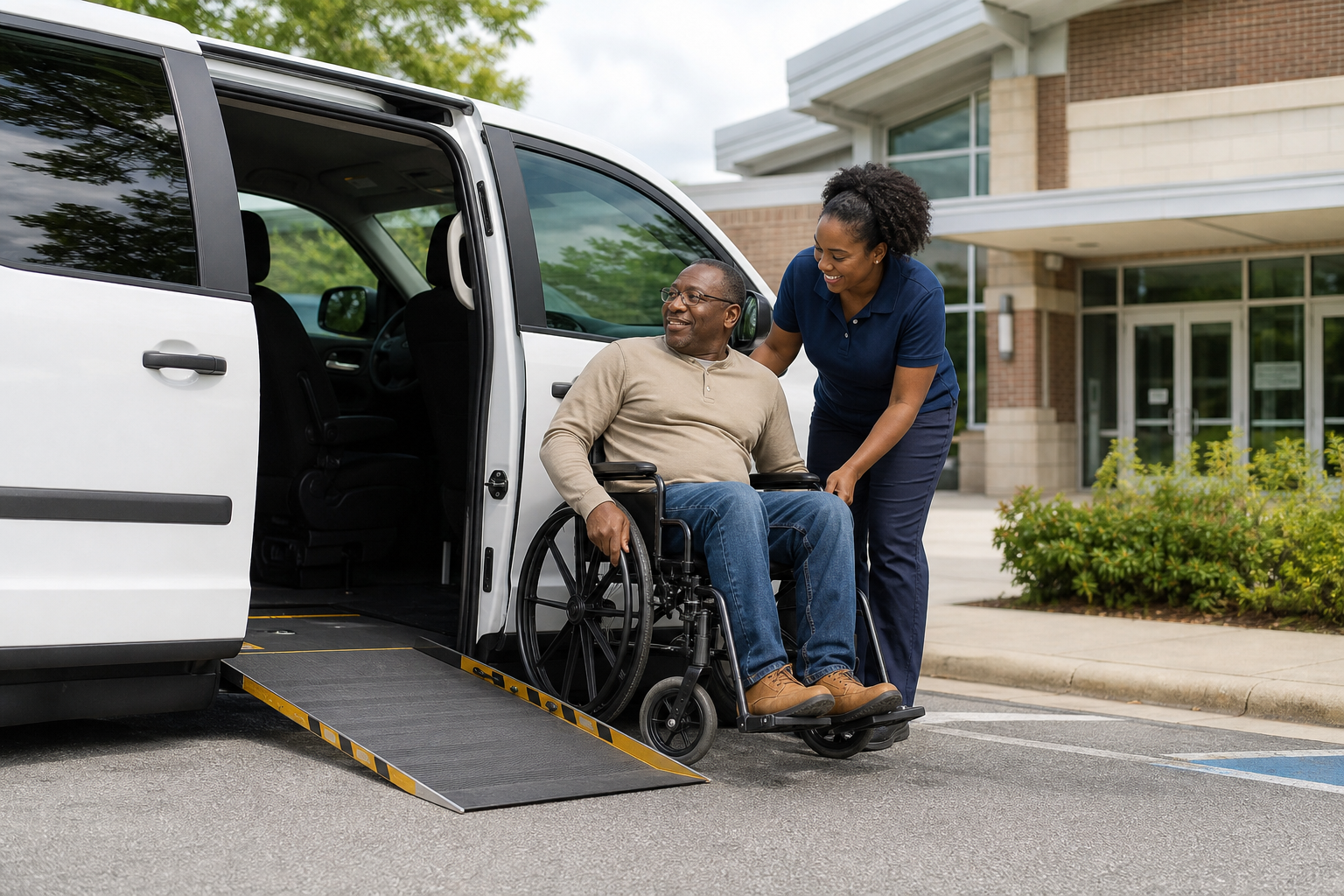 A caring Black woman helping a Black man in a wheelchair into a wheelchair-accessible van outside a medical facility