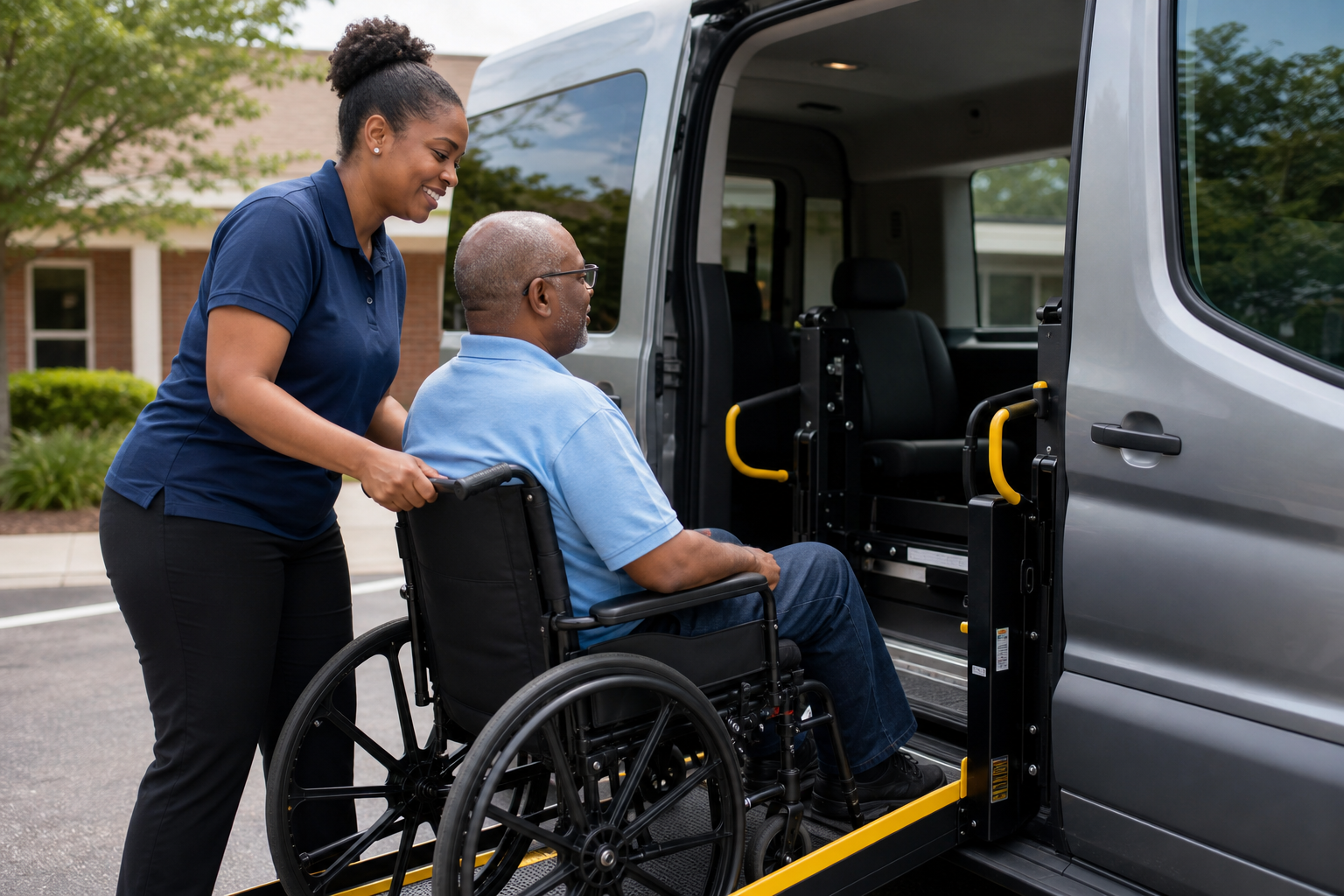 Black woman helping a Black man in a wheelchair into a wheelchair-capable van in a clean parking area