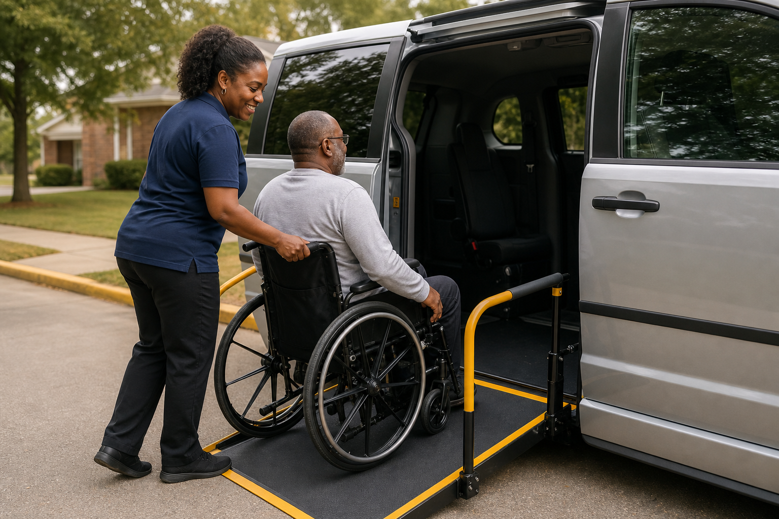 Black woman helping a Black man in a wheelchair into a wheelchair-capable van
