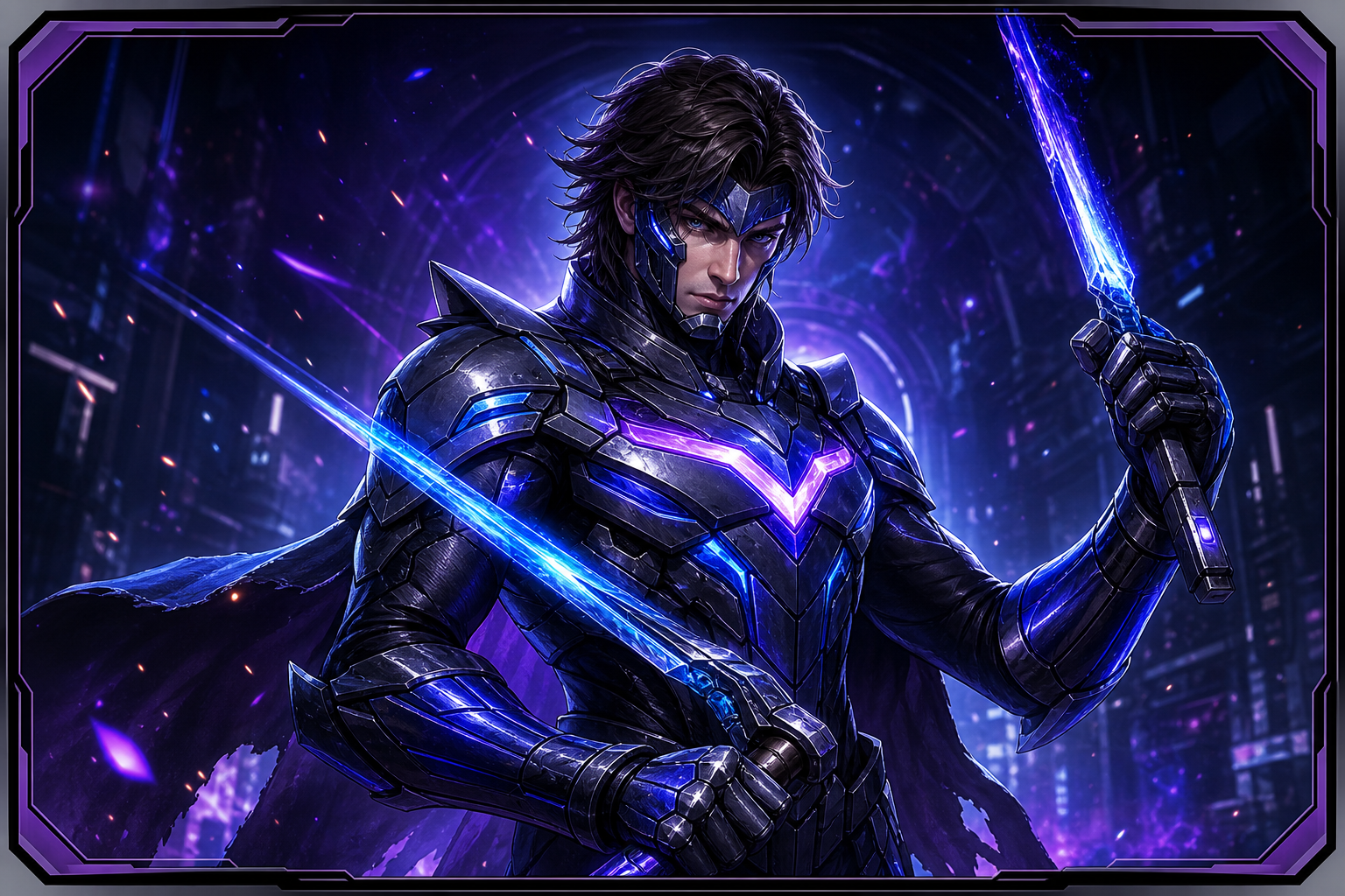 Dynamic hero portrait with glowing armor and energy blades