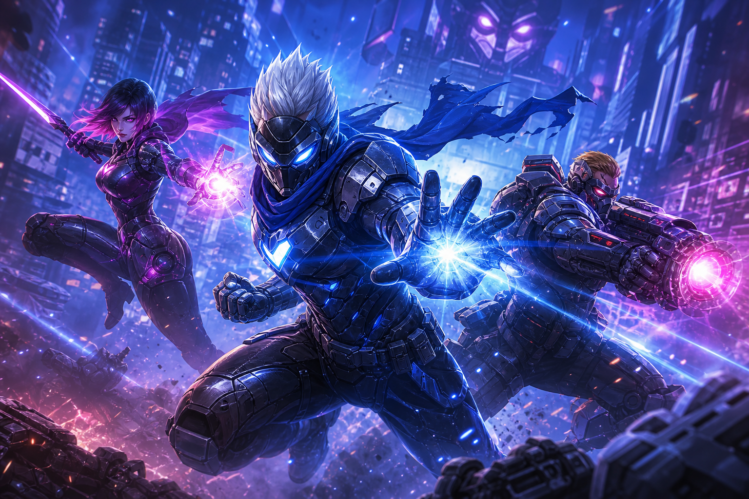 Dynamic sci-fi game-inspired scene with armored heroes charging through neon energy trails and power effects