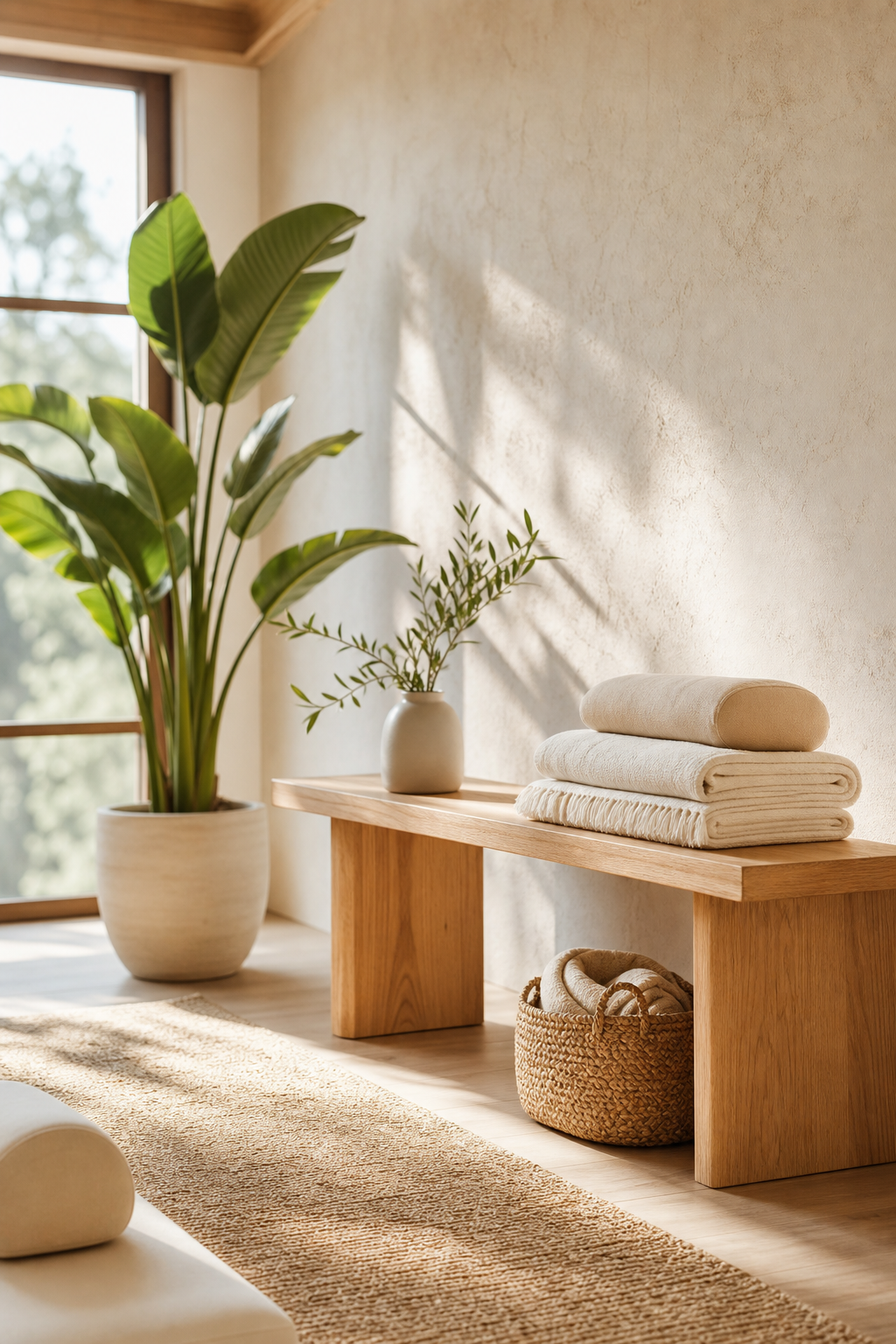 Sunlit corner of a wellness studio with soft linen textures, a wooden bench, plants, and calm neutral tones