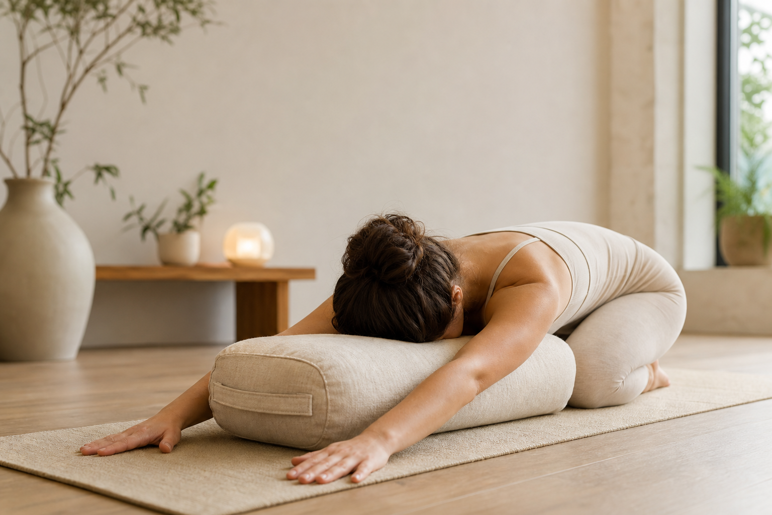 Natural light falling across a quiet wellness studio mat and bolster, with a person in a gentle restorative stretch