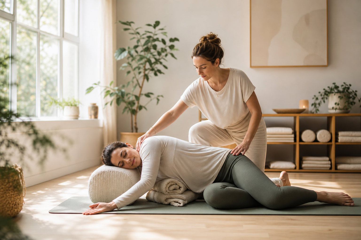 Serene wellness studio moment with natural light and a practitioner guiding gentle restorative movement