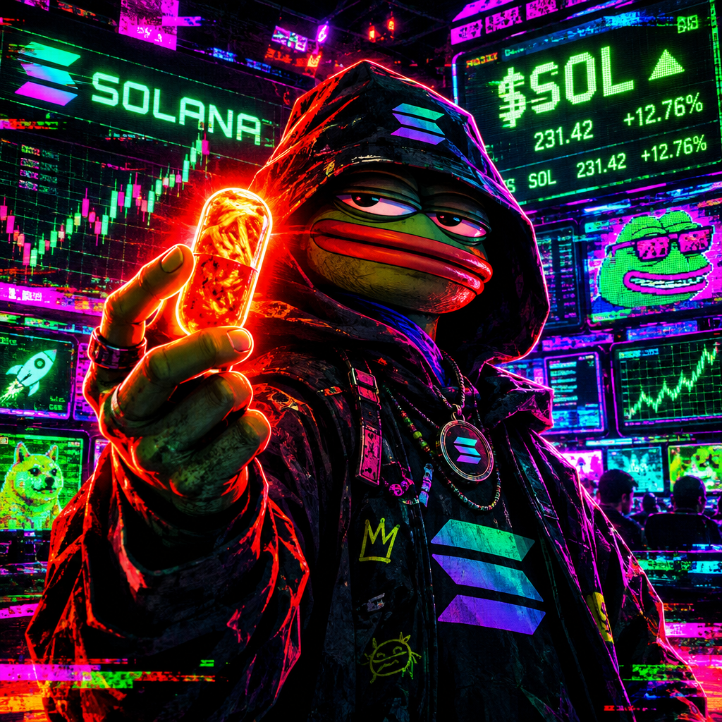 Neon meme shaman in a dark hoodie holding a glowing kimchi capsule in front of chaotic Solana ticker screens
