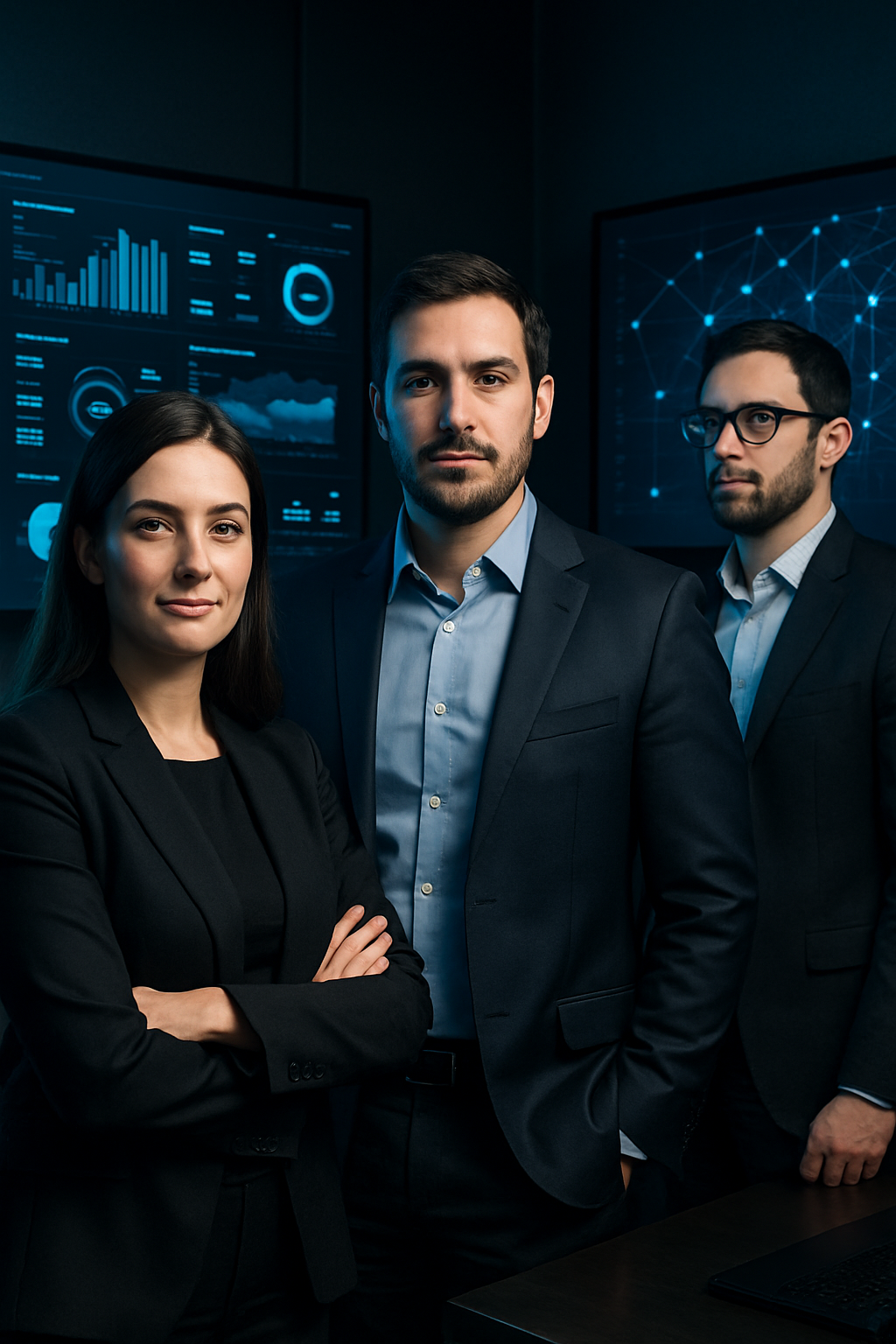 Equipo directivo de DIGITALKROSS en una reunión estratégica con pantallas de datos