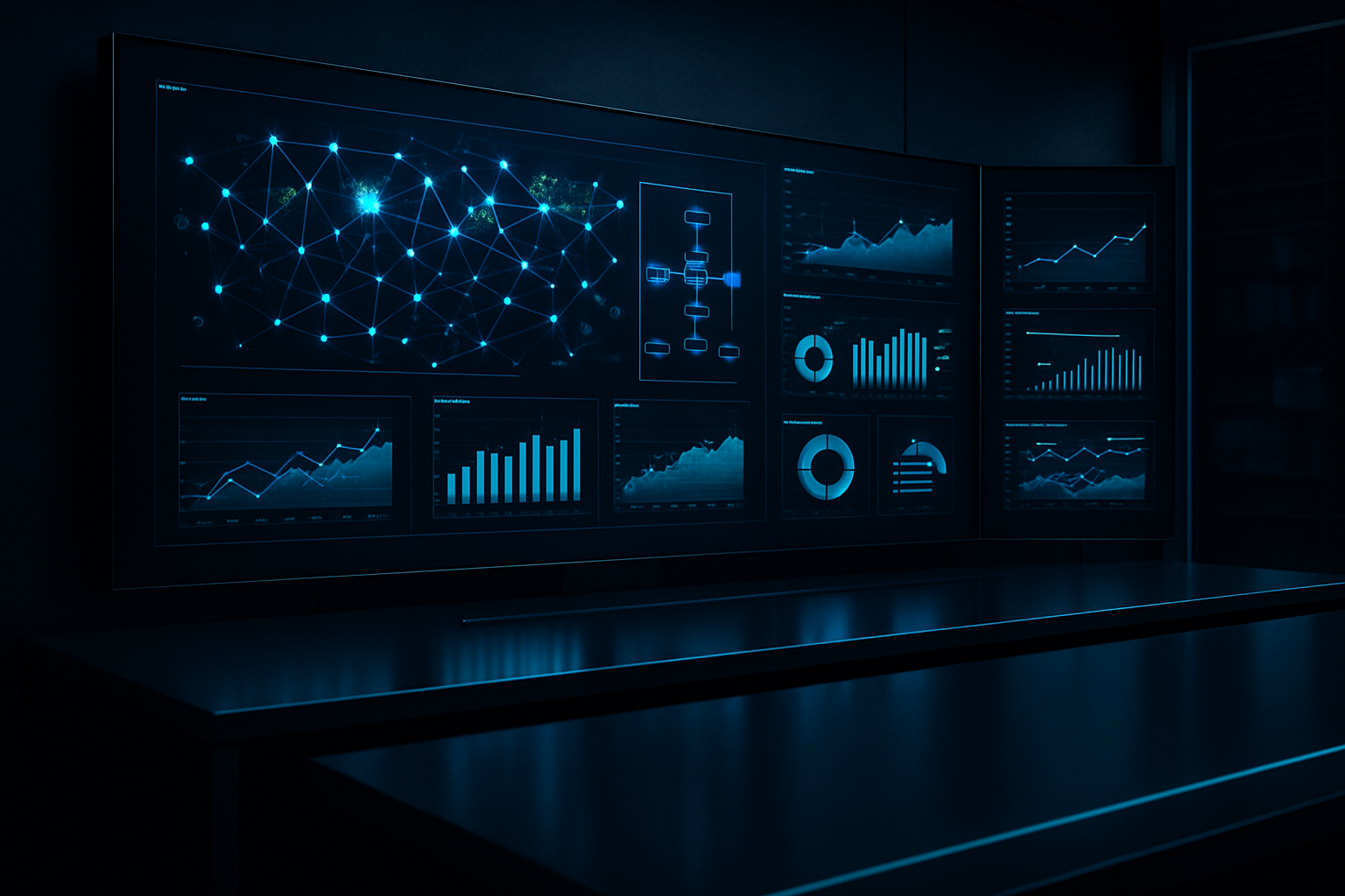 Centro de control tecnológico con dashboard de automatización, nodos de IA conectados y visualizaciones de datos en tonos cian y azul sobre entorno corporativo oscuro