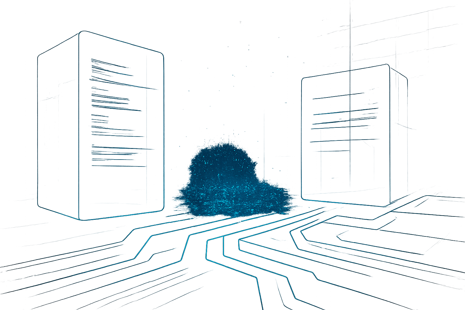 Escena abstracta premium de infraestructura digital con líneas de circuito luminosas y paneles tecnológicos en tonos cian y azul