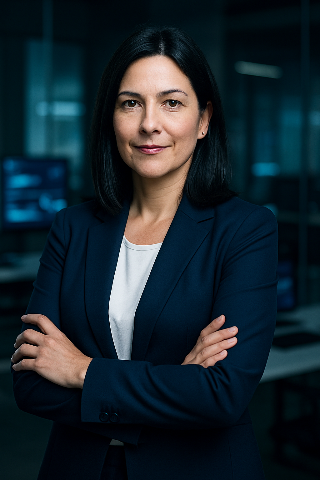 Retrato corporativo profesional de directora ejecutiva de empresa IT en oficina moderna, con vestimenta formal y expresión confiable