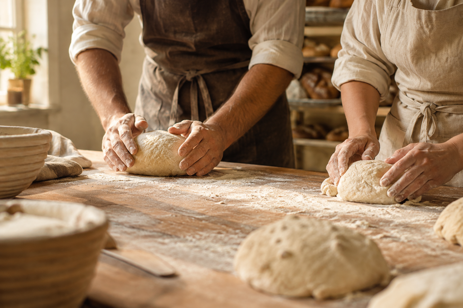 Artisan bakers shaping dough on a flour-dusted wooden bench in warm morning light