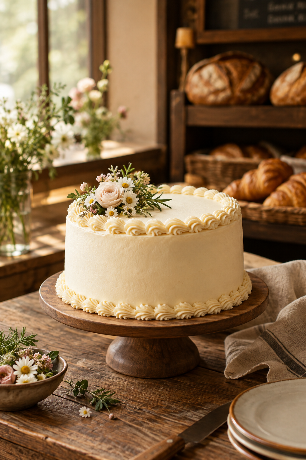Premium hand-finished celebration cake with smooth buttercream and delicate piping under warm soft bakery lighting