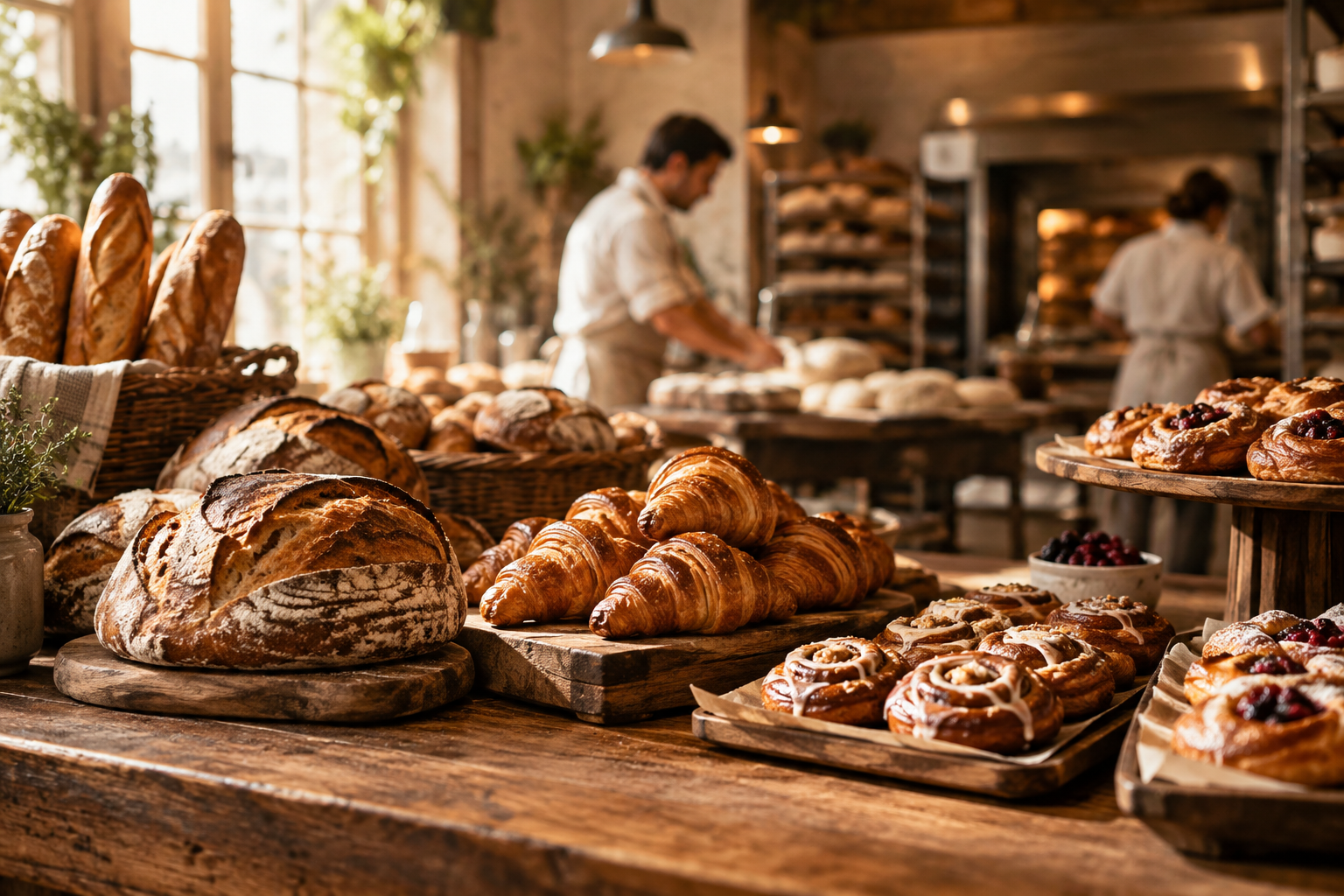 Fresh artisan sourdough loaves and golden pastries on a rustic wooden counter in a warmly lit traditional bakery