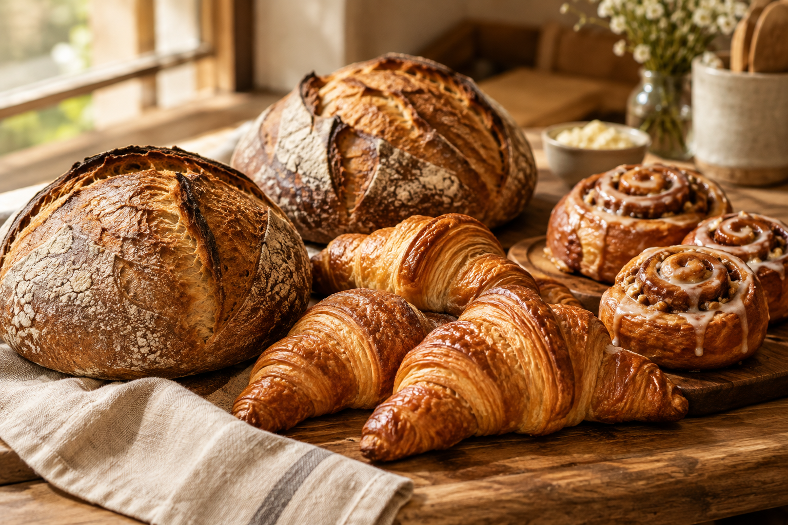 Warm bakery assortment of rustic sourdough loaves, flaky croissants, and cinnamon rolls arranged on a wooden counter in soft natural morning light
