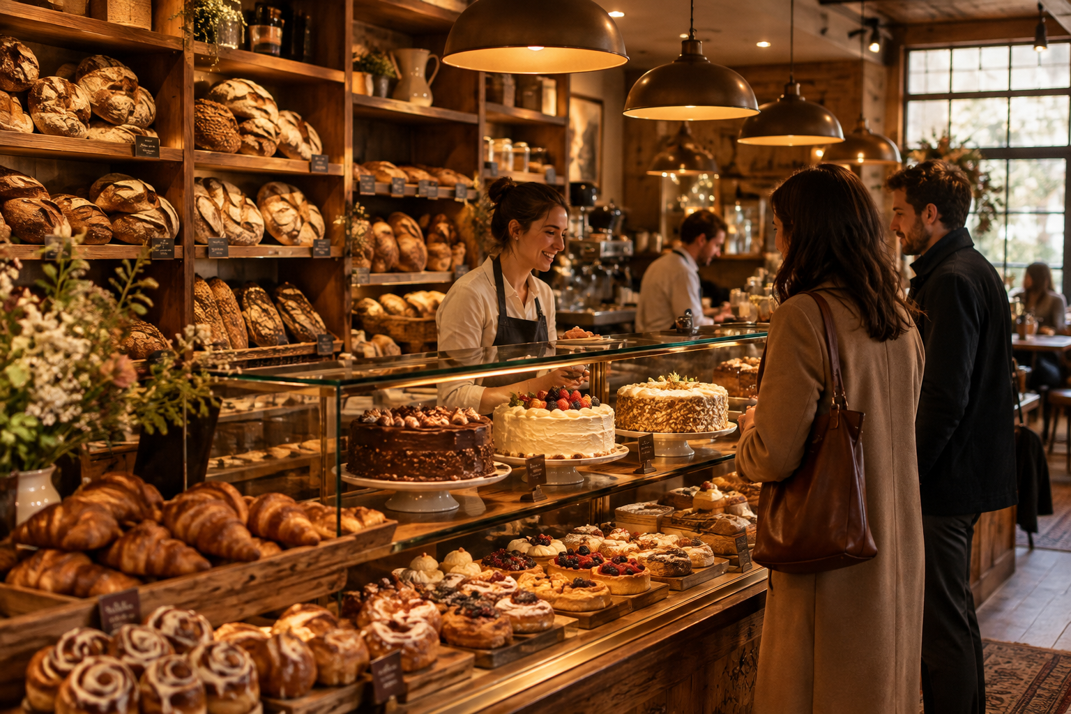 Warm artisan bakery interior with wooden bread shelves, a polished pastry counter, soft amber lighting, and bakers serving guests in a cozy premium atmosphere