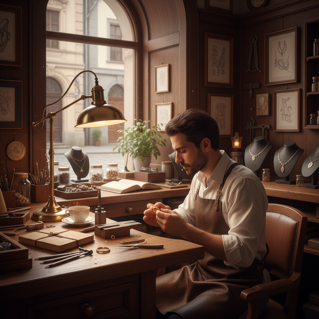 Artisan at work bench crafting a gold ring by hand in a softly lit workshop