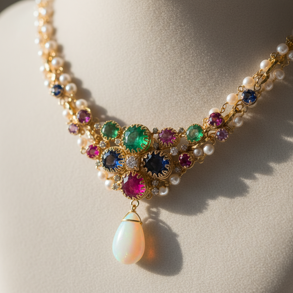 Close-up of a unique handmade necklace with intricate gemstone details on ivory background