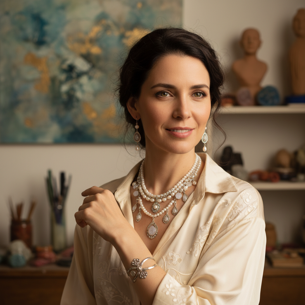 Portrait of Luna Artisan's founder, an elegant woman wearing signature handmade jewelry, in warm light