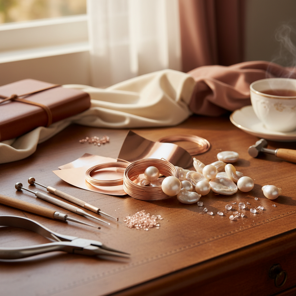 Selection of luxury jewelry materials: rose gold, pearls, and artisan tools arranged artistically