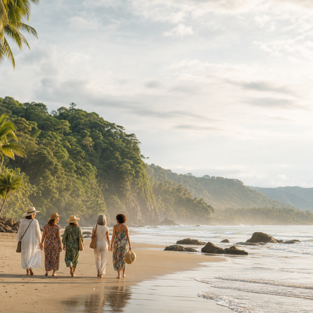 Woman over 45 looking out over a lush Costa Rica coastline at sunset
