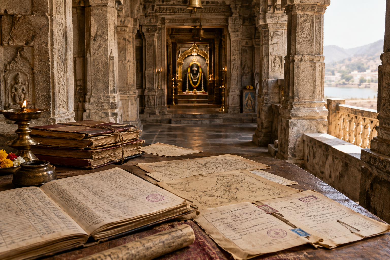 Archival-style view of Shri Mahakaaleshwar Mandir stone architecture with neatly arranged historical paper records and stamped register pages
