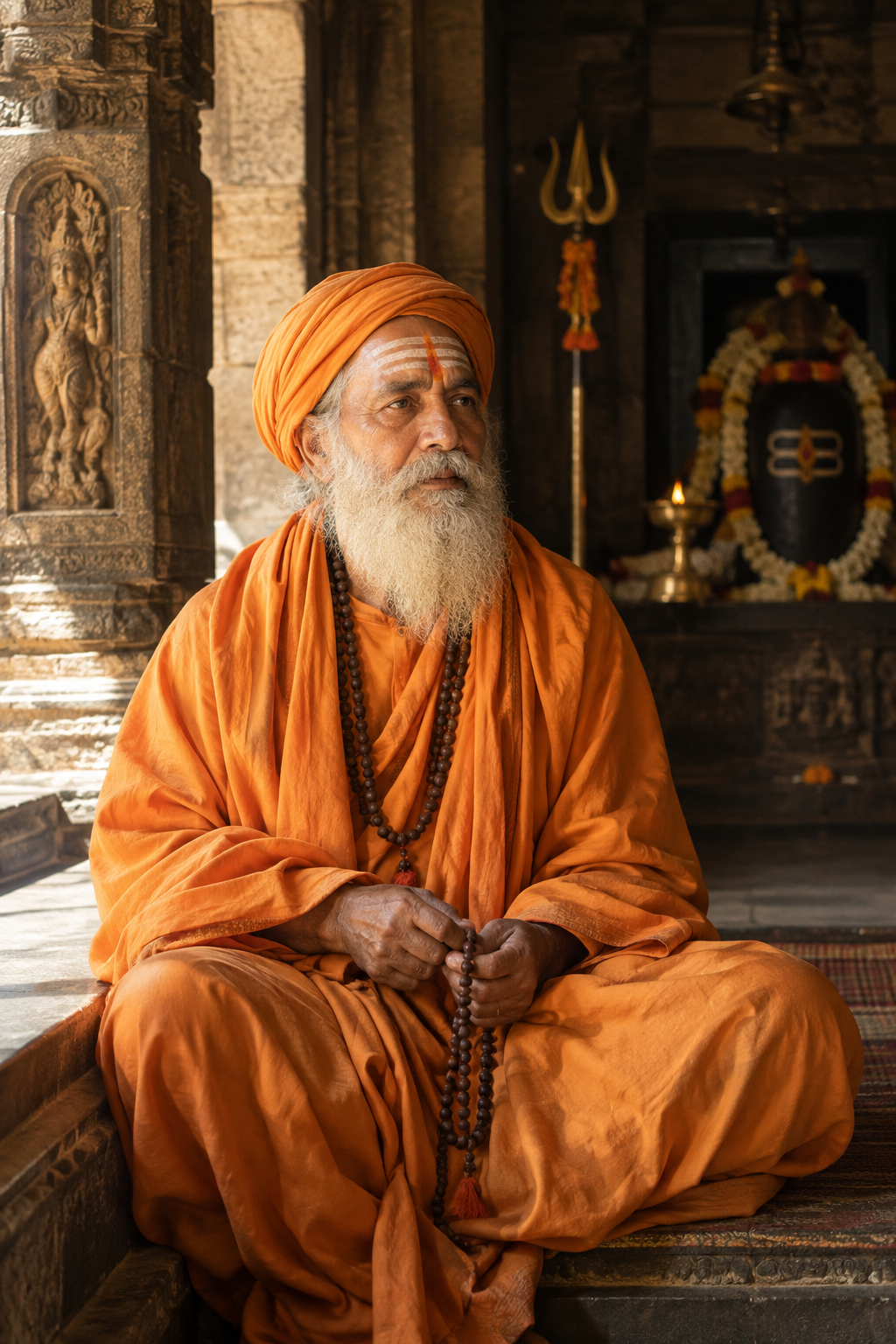 Reverent portrait of Mahant Hansnathji in traditional saffron robes seated in a serene temple interior with soft natural light