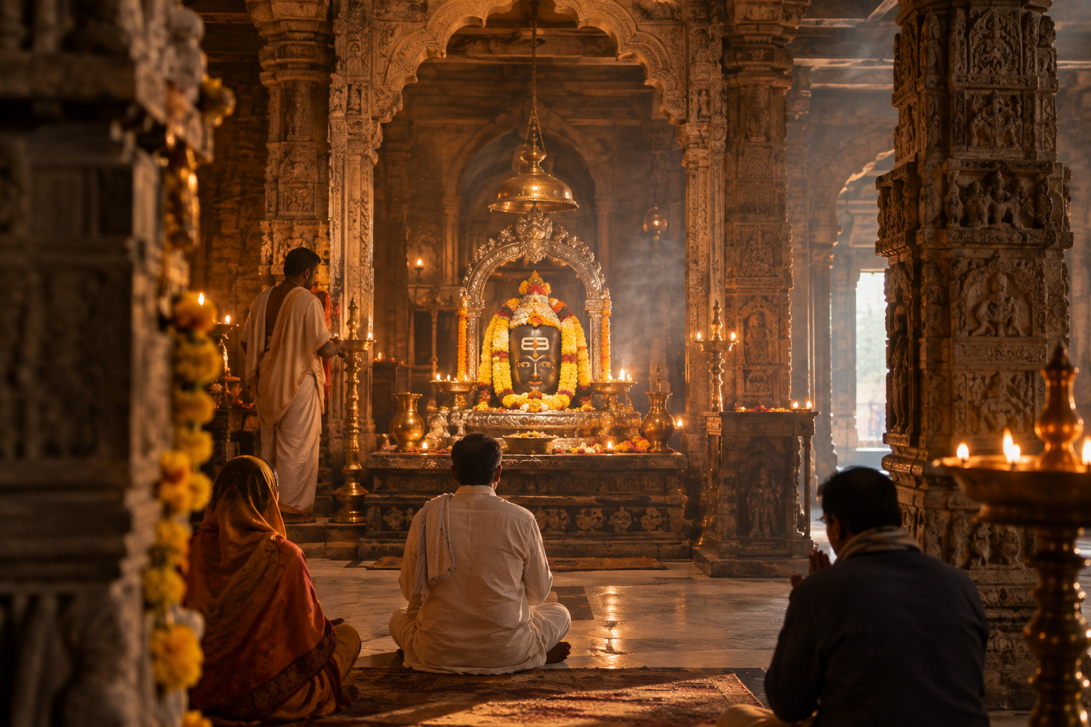 Wide view of an ancient temple sanctum with carved stone pillars, warm golden lamps, light incense haze, and devotees in quiet prayer