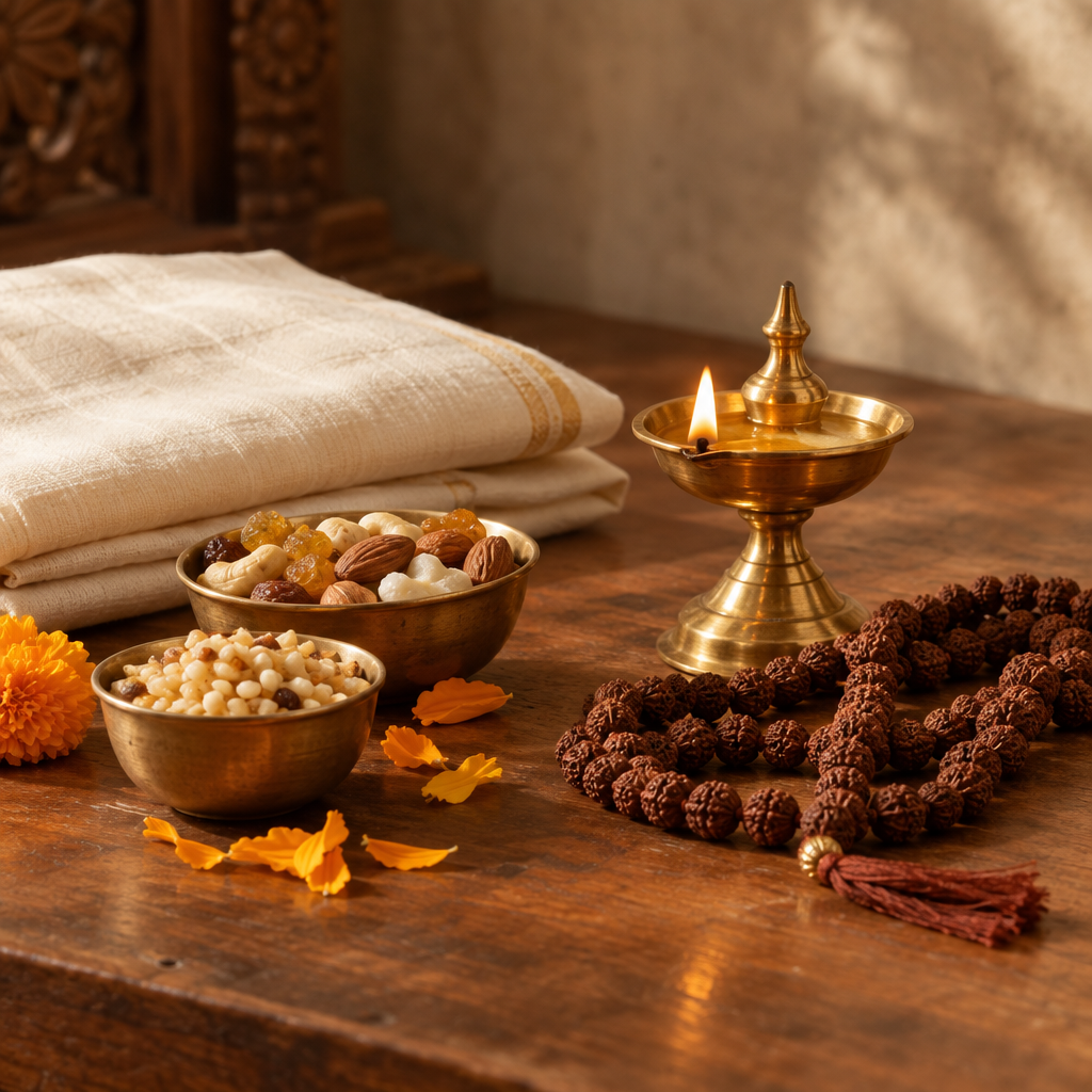 Still-life of sattvik prasad, rudraksha mala, brass diya, and folded cotton puja cloth on a warm wooden surface