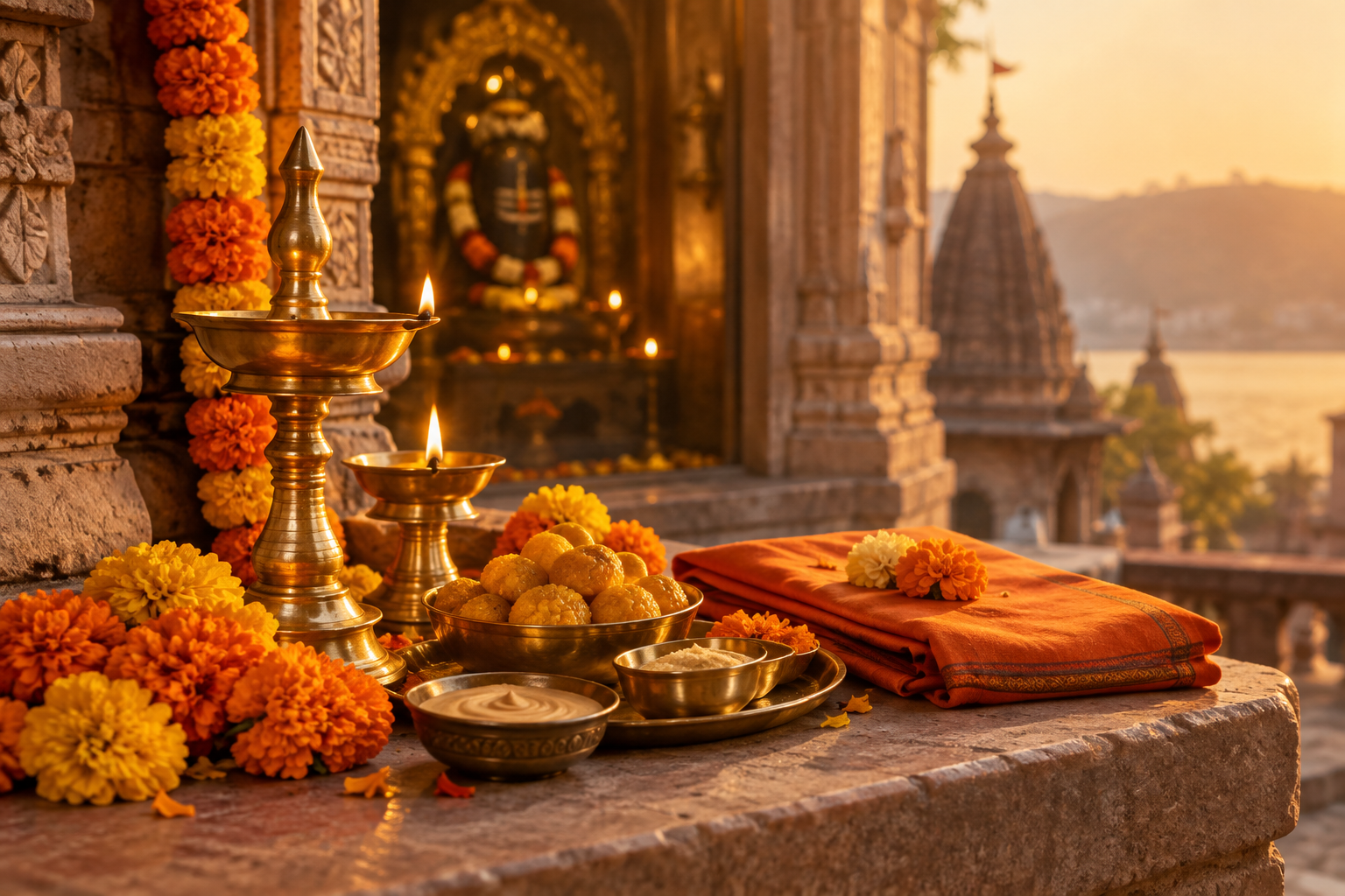 Brass oil lamps, marigold flowers, prasad bowls, and folded saffron cloth arranged near a temple stone ledge in warm evening light